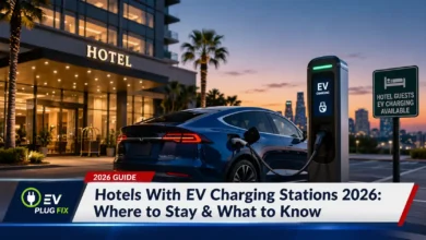 Modern electric vehicle charging at a luxury hotel entrance with illuminated charging station and contemporary architecture