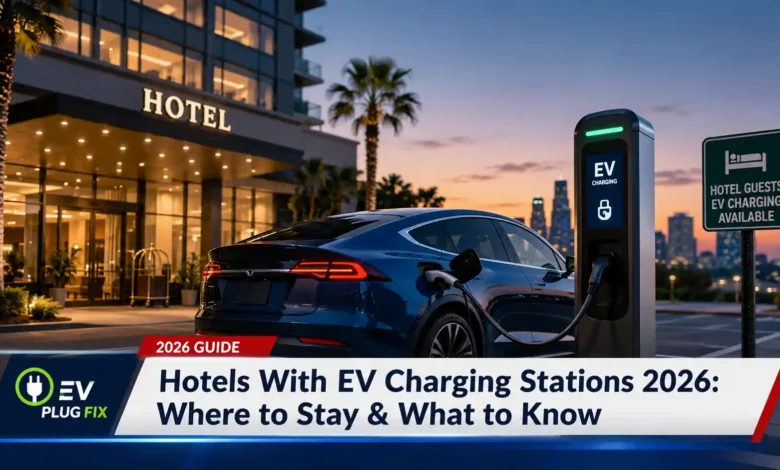 Modern electric vehicle charging at a luxury hotel entrance with illuminated charging station and contemporary architecture