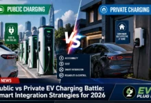 Modern EV charging station with both public DC fast chargers and private Level 2 home charging units in integrated setup 2026