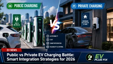 Modern EV charging station with both public DC fast chargers and private Level 2 home charging units in integrated setup 2026
