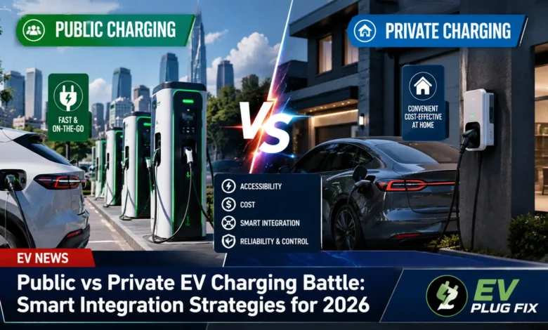 Modern EV charging station with both public DC fast chargers and private Level 2 home charging units in integrated setup 2026