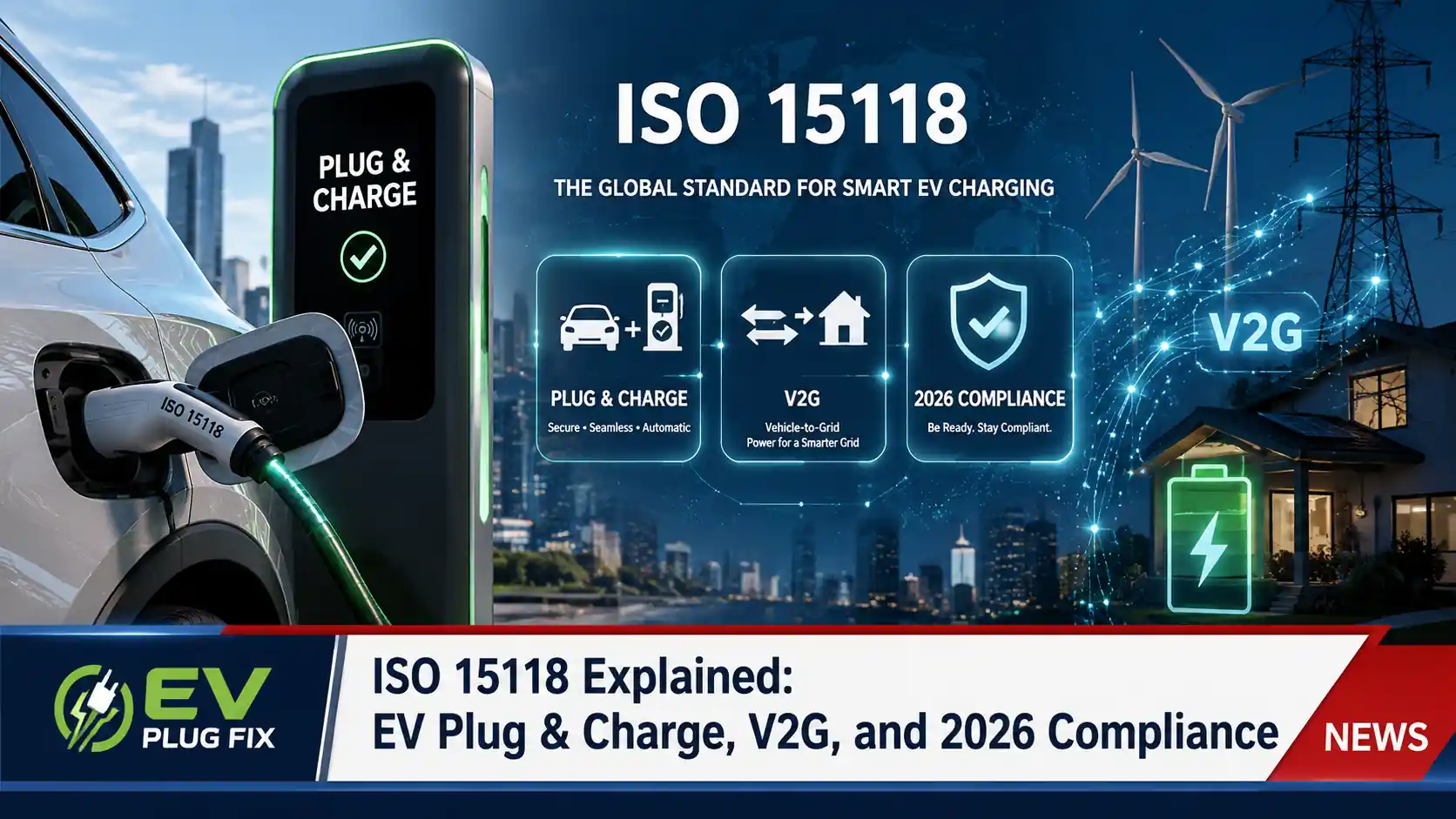 Electric vehicle connected to a modern smart charger using ISO 15118 Plug and Charge technology for automatic authentication and billing