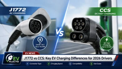Close-up comparison of J1772 and CCS EV charging connectors side by side showing pin configurations for Level 2 and DC fast charging