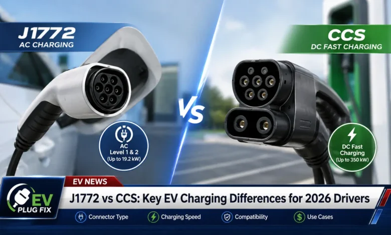 Close-up comparison of J1772 and CCS EV charging connectors side by side showing pin configurations for Level 2 and DC fast charging