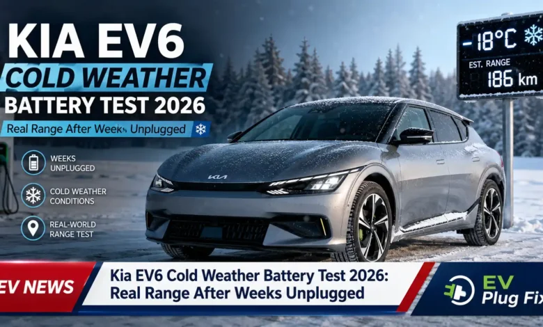 Kia EV6 parked in a cold winter garage for a month-long battery storage test