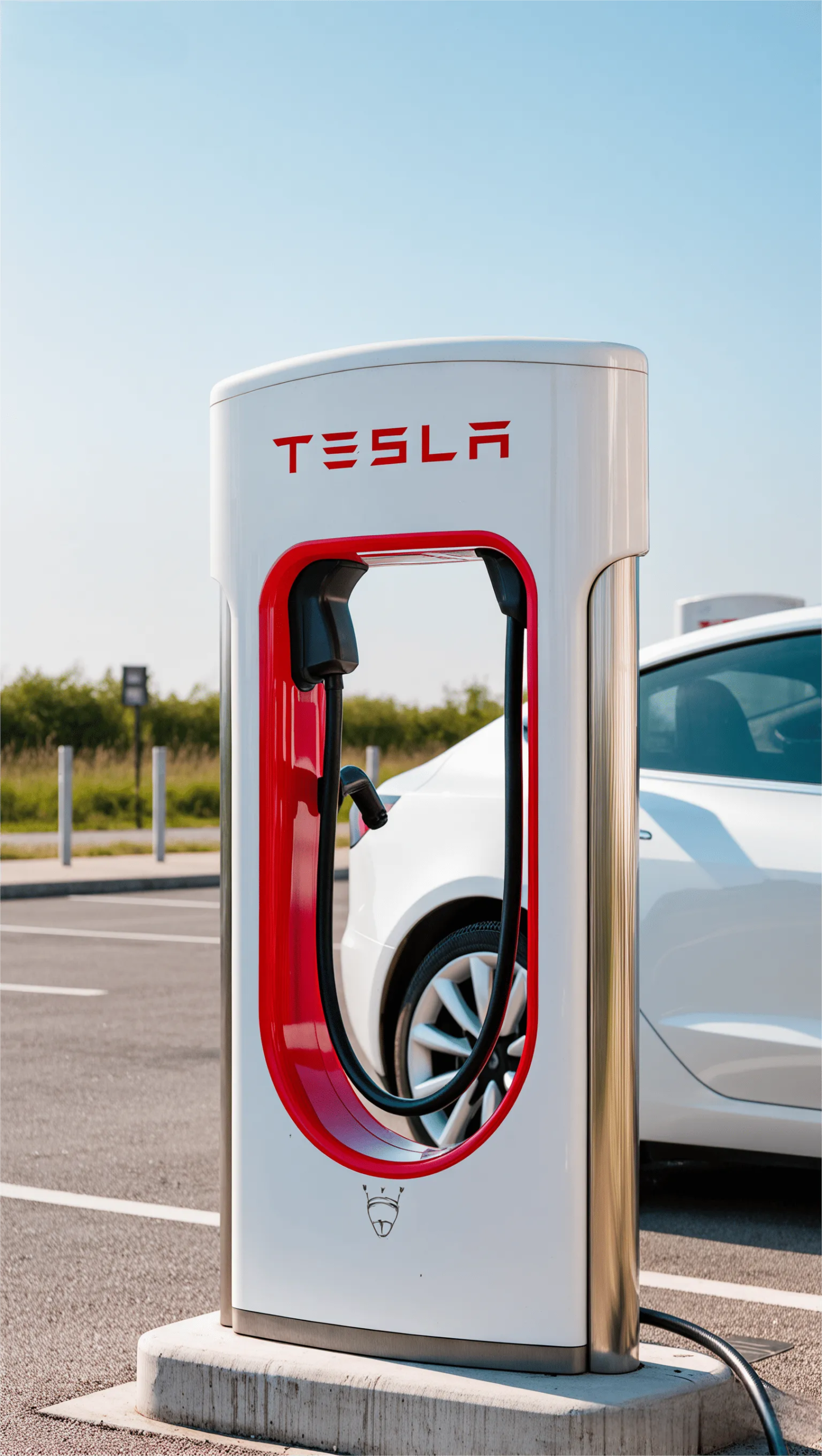 Tesla V4 Supercharger with long cable designed for non-Tesla EV compatibility Tesla V4 Supercharger with long cable designed for non-Tesla EV compatibility