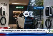 Modern Level 2 EV charger mounted on garage wall charging a sleek electric vehicle in a well-lit residential garage setting