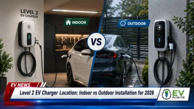 Modern Level 2 EV charger mounted on garage wall charging a sleek electric vehicle in a well-lit residential garage setting