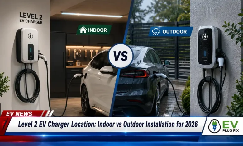Modern Level 2 EV charger mounted on garage wall charging a sleek electric vehicle in a well-lit residential garage setting