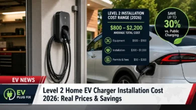Professional installation of a Level 2 home EV charger in a modern garage with electrical panel and wall-mounted charging unit