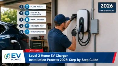Professional technician installing Level 2 home EV charger on garage wall with mounting bracket and power tools in 2026