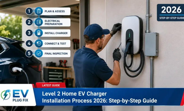 Professional technician installing Level 2 home EV charger on garage wall with mounting bracket and power tools in 2026