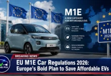 Compact European M1E electric vehicle charging at a modern urban charging station in a European city, showcasing the new affordable EV category