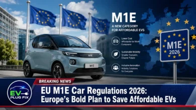 Compact European M1E electric vehicle charging at a modern urban charging station in a European city, showcasing the new affordable EV category