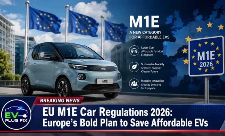 Compact European M1E electric vehicle charging at a modern urban charging station in a European city, showcasing the new affordable EV category