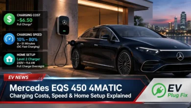 Silver Mercedes EQS 450 4MATIC plugged into a modern home wallbox charger in a residential garage