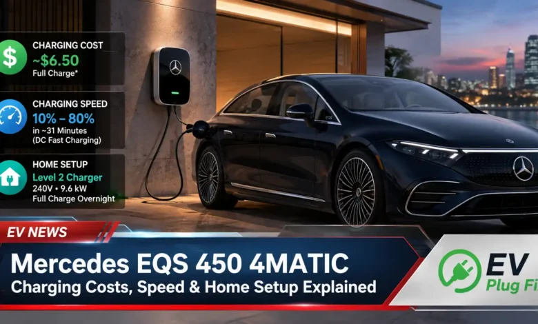 Silver Mercedes EQS 450 4MATIC plugged into a modern home wallbox charger in a residential garage