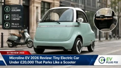 Microlino EV 2026 parked perpendicularly in a tight city parking spot showing its ultra-compact 2.52 metre length