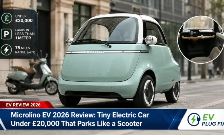 Microlino EV 2026 parked perpendicularly in a tight city parking spot showing its ultra-compact 2.52 metre length
