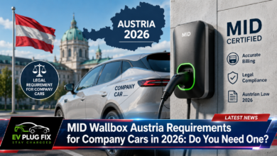 Modern electric company car plugged into a wallbox with a digital energy meter display and RFID card reader at home