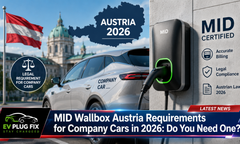 Modern electric company car plugged into a wallbox with a digital energy meter display and RFID card reader at home