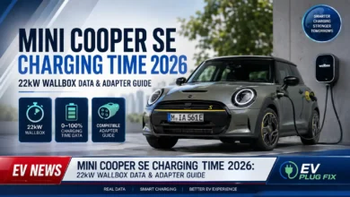 Mini Cooper SE charging at a 22kW wallbox with a red CEE industrial adapter in a modern garage