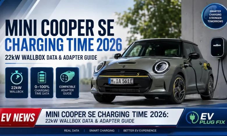 Mini Cooper SE charging at a 22kW wallbox with a red CEE industrial adapter in a modern garage