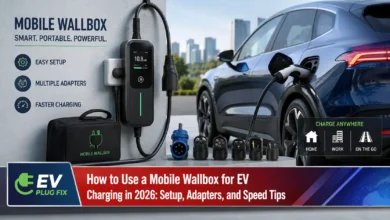 Modern mobile wallbox plugged into a red CEE socket for fast EV charging in a garage setting