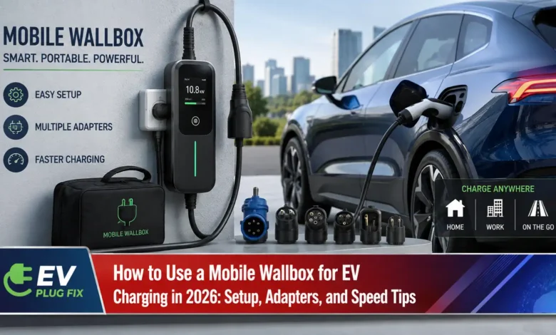 Modern mobile wallbox plugged into a red CEE socket for fast EV charging in a garage setting