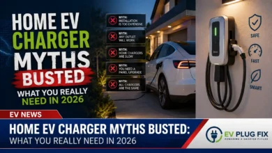 Modern home EV charger installed on a garage wall charging a new electric vehicle with a smartphone app displaying charging statistics in 2026