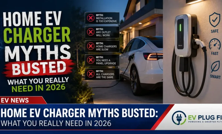 Modern home EV charger installed on a garage wall charging a new electric vehicle with a smartphone app displaying charging statistics in 2026