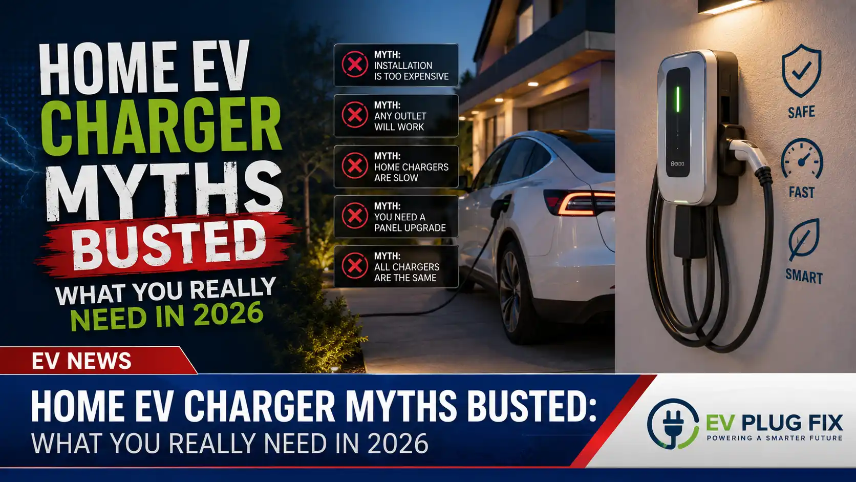 Modern home EV charger installed on a garage wall charging a new electric vehicle with a smartphone app displaying charging statistics in 2026