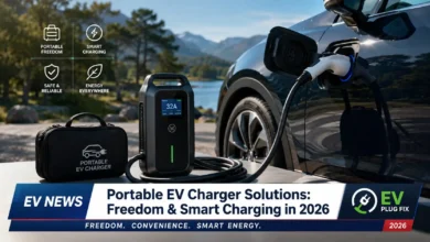 MSI EZgo portable EV charger setup on a driveway with NEMA 14-50 plug and display screen 2026