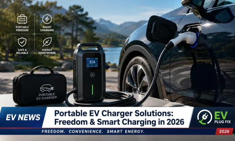 MSI EZgo portable EV charger setup on a driveway with NEMA 14-50 plug and display screen 2026