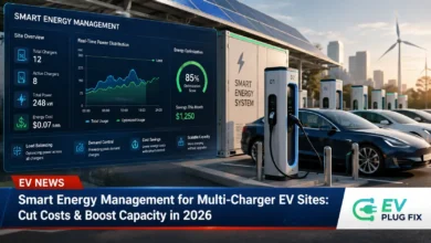 Commercial multi-charger EV site with smart energy management system dashboard monitoring real-time power distribution