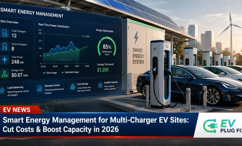 Commercial multi-charger EV site with smart energy management system dashboard monitoring real-time power distribution