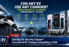 Modern EV charging station with NACS and J1772 connectors side-by-side showing cross-brand compatibility for electric vehicles in 2026