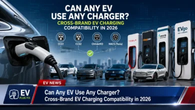 Modern EV charging station with NACS and J1772 connectors side-by-side showing cross-brand compatibility for electric vehicles in 2026