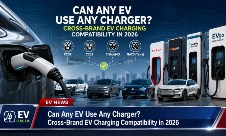 Modern EV charging station with NACS and J1772 connectors side-by-side showing cross-brand compatibility for electric vehicles in 2026