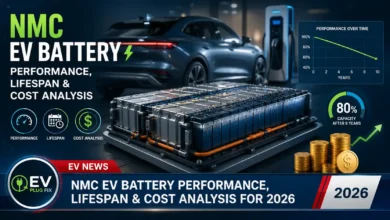NMC battery module being inspected for an electric vehicle in a modern service workshop in 2026