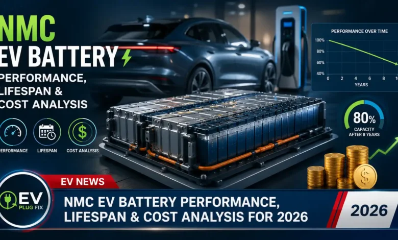 NMC battery module being inspected for an electric vehicle in a modern service workshop in 2026