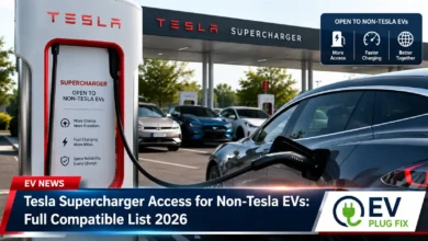 Non-Tesla electric vehicle charging at Tesla Supercharger station with NACS adapter 2026