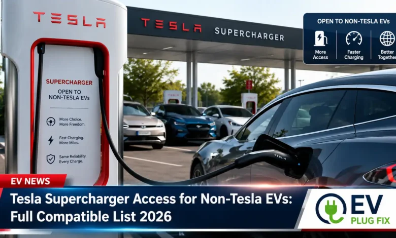 Non-Tesla electric vehicle charging at Tesla Supercharger station with NACS adapter 2026