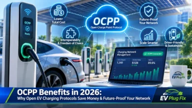 Modern EV charging station utilizing OCPP open protocol for seamless network communication in 2026