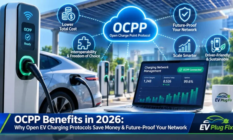 Modern EV charging station utilizing OCPP open protocol for seamless network communication in 2026