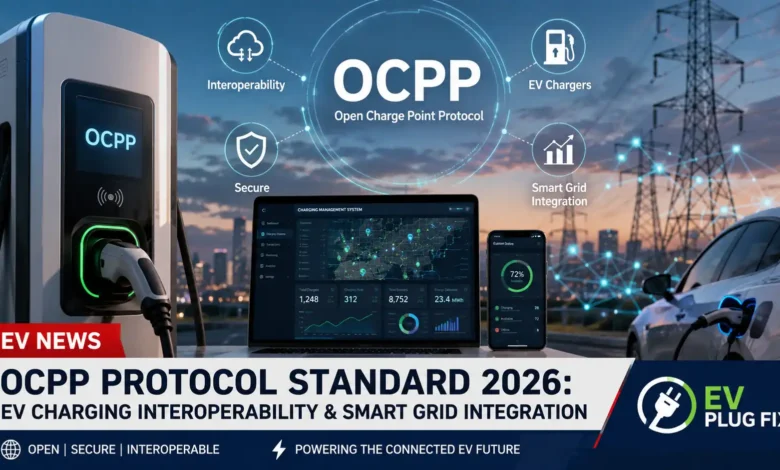 OCPP protocol enabling smart EV charging station communication and grid integration in 2026
