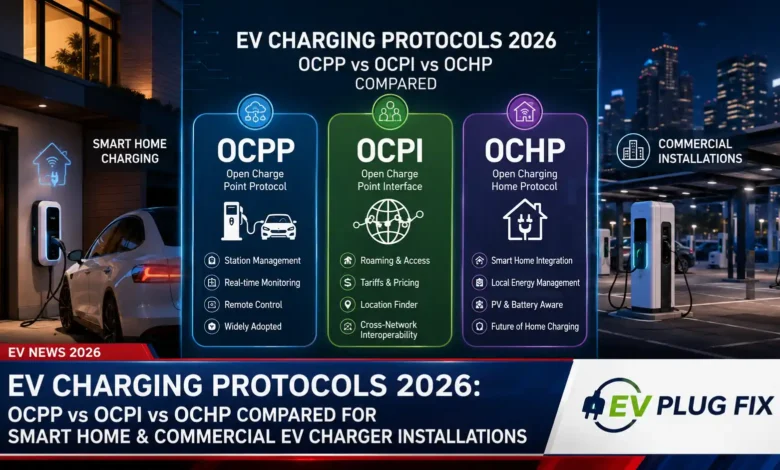 Comparison of OCPP, OCPI and OCHP EV charging protocols for smart home and commercial EV charger installations in 2026