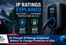 Weatherproof EV charger with IP67 rating installed on exterior wall for outdoor electric vehicle charging
