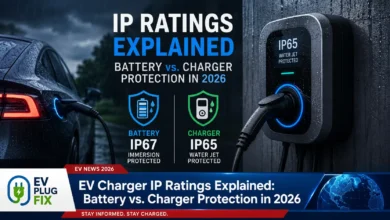 Weatherproof EV charger with IP67 rating installed on exterior wall for outdoor electric vehicle charging