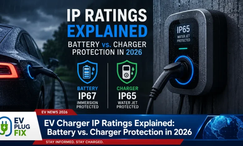Weatherproof EV charger with IP67 rating installed on exterior wall for outdoor electric vehicle charging